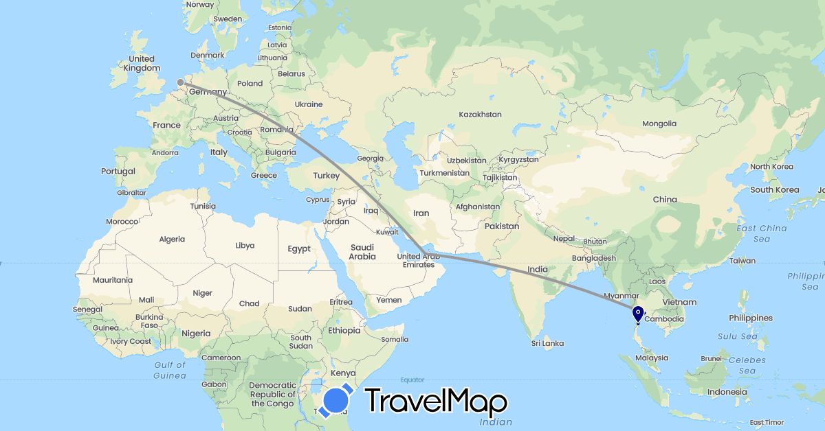 TravelMap itinerary: driving, plane in United Arab Emirates, Netherlands, Thailand (Asia, Europe)